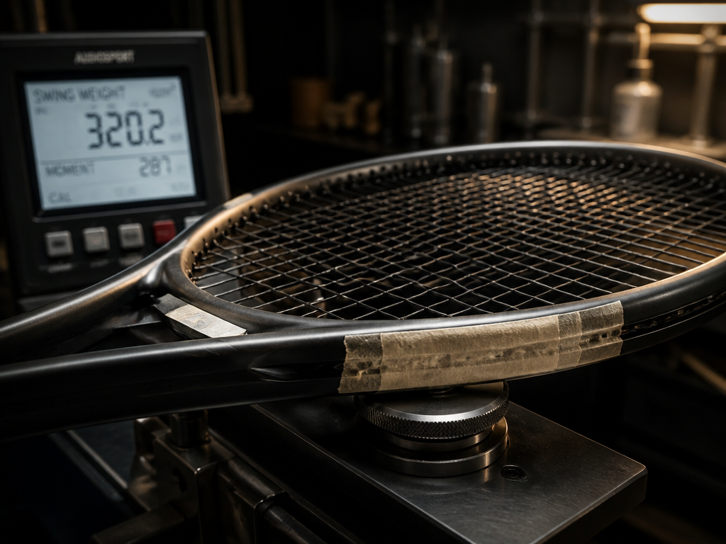 A photorealistic close-up of a single tennis racquet head resting on the platform of…