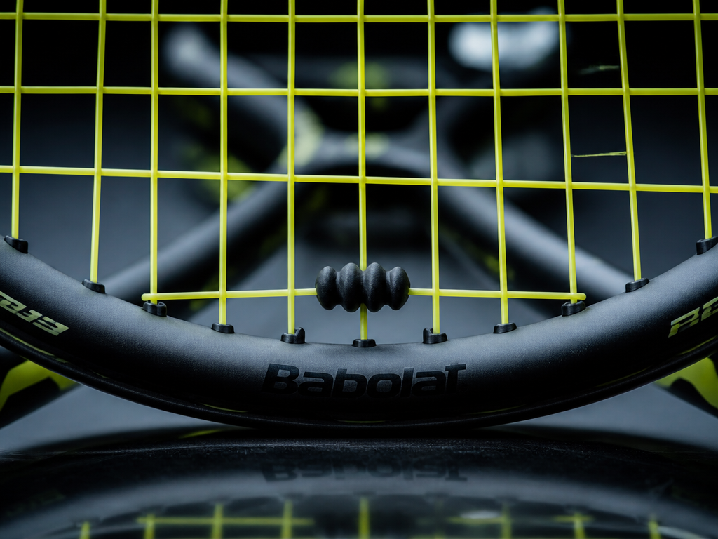 Extreme macro photograph of a black rubber worm-style vibration dampener threaded between the lower…