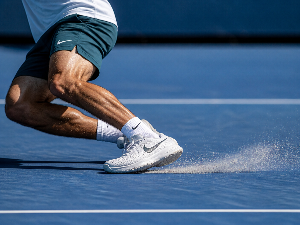 A tennis player photographed mid-stride during a hard lateral slide on an outdoor hard…