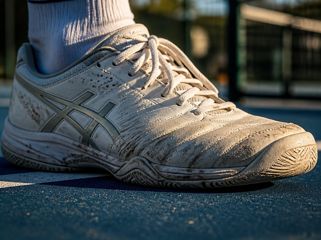 Extreme close-up of a worn white performance tennis shoe on a sun-baked blue hard…
