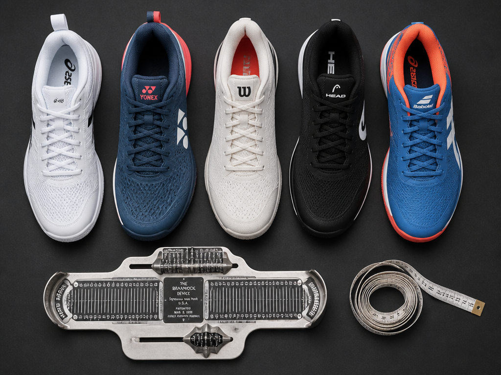 A clean overhead studio flat-lay of five different performance tennis shoes arranged in a…