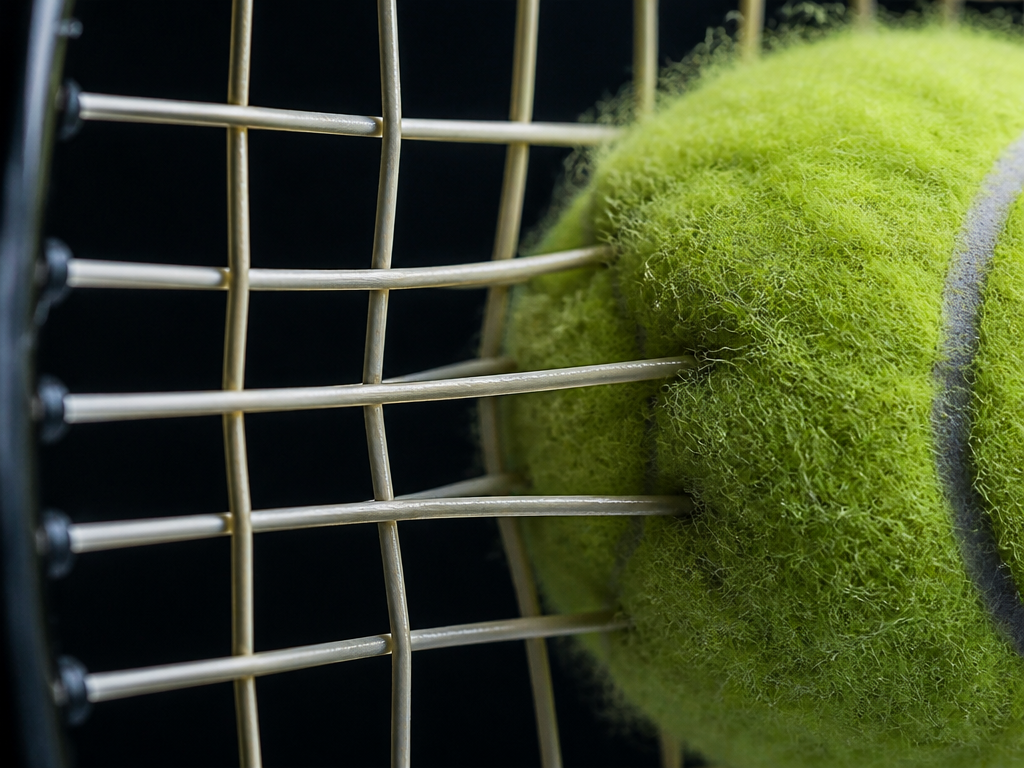 Extreme macro photograph of a tennis racquet string bed at the precise moment of…