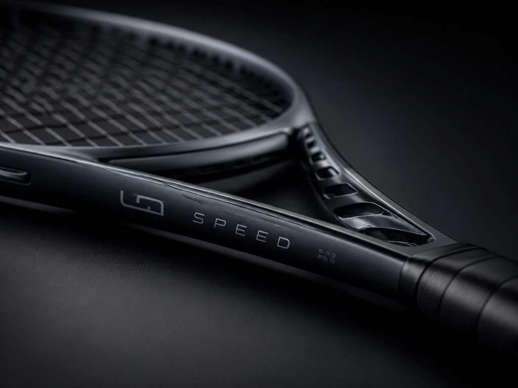 A pristine modern aero-profiled tennis racquet displayed on a matte charcoal surface in a…