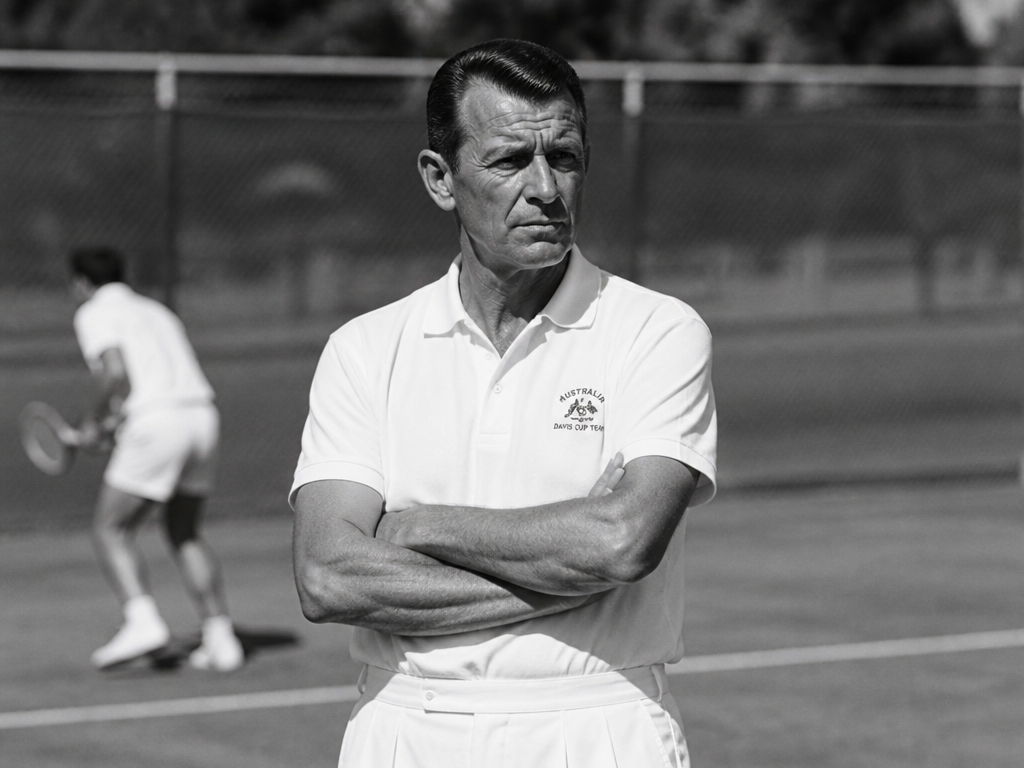 An intimate black-and-white documentary-style portrait of a stern-faced 1960s tennis coach standing courtside on…