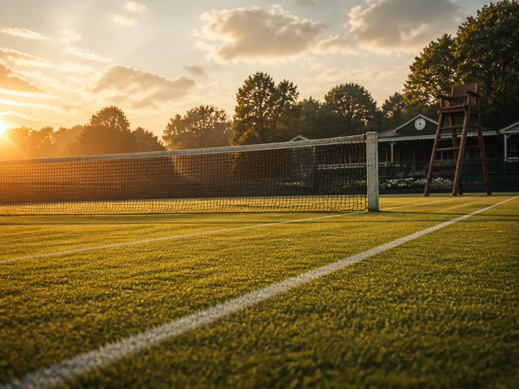 A wide, low-angle photograph of a vintage 1960s-style grass tennis court at golden hour…