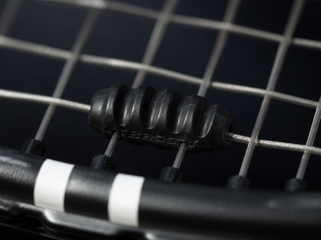 Extreme macro photograph of a black worm-style rubber vibration dampener pressed into the lower…