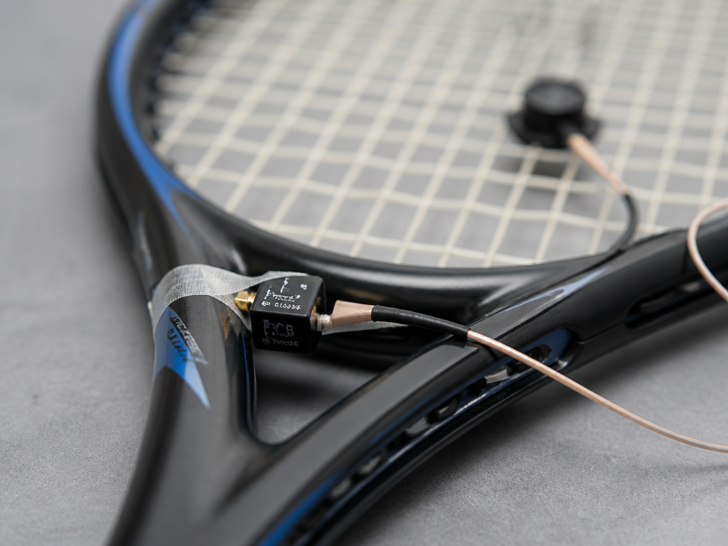 Close-up laboratory-style still life of a tennis racquet throat on a matte gray bench…