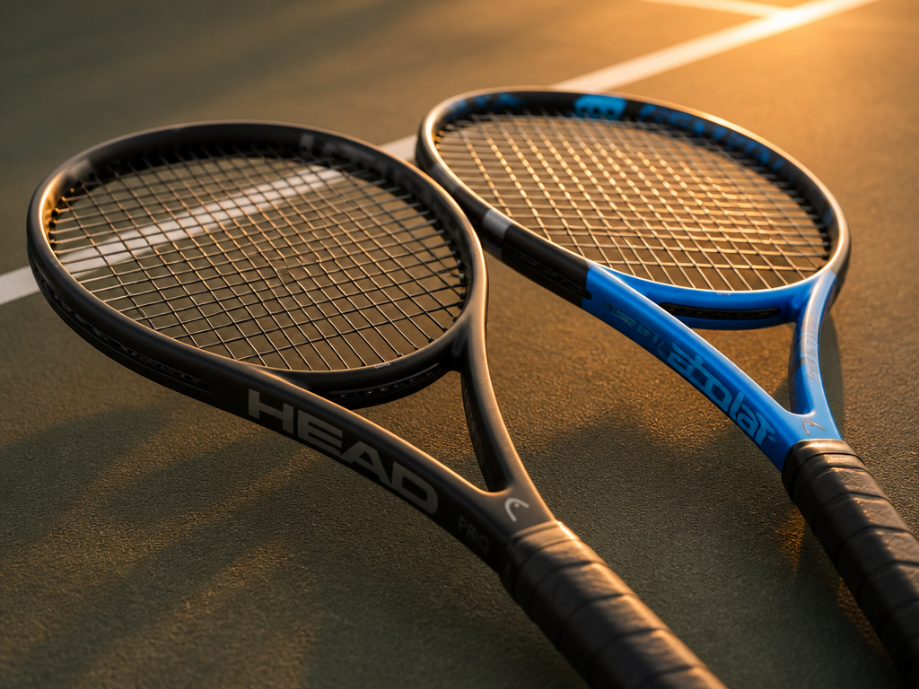 Two premium tennis racquets laid side by side on a clean hardcourt surface at…
