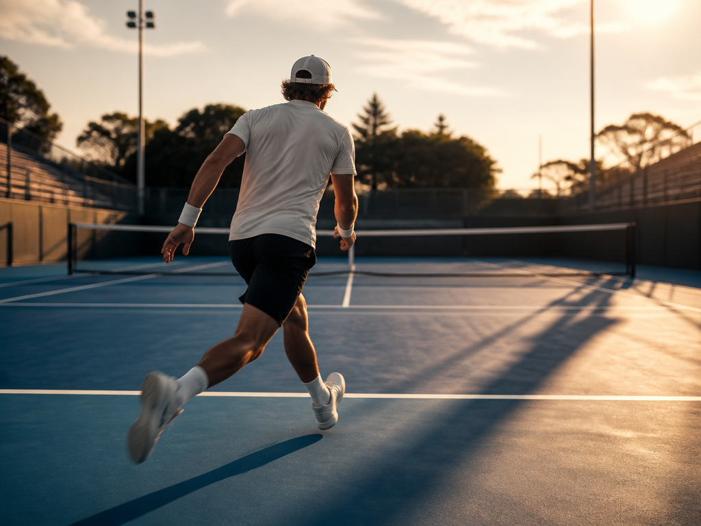A solitary tennis player mid-stride at the baseline of an empty outdoor court during…