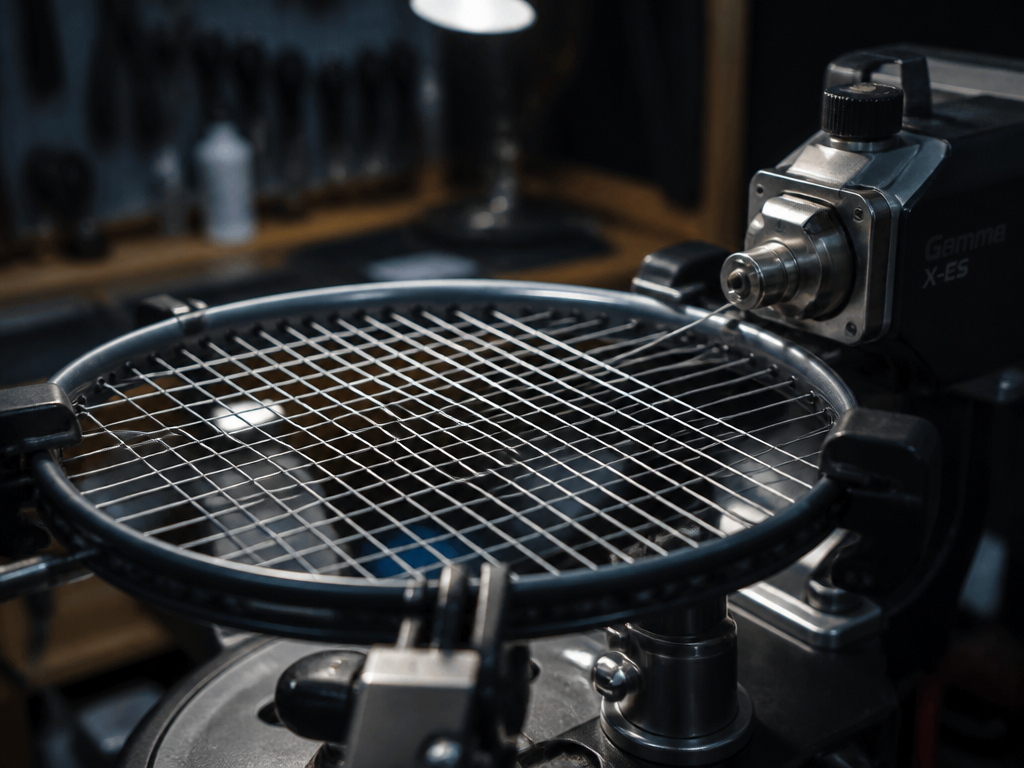 Close-up macro of a tennis racquet head clamped in a stringing machine inside a…