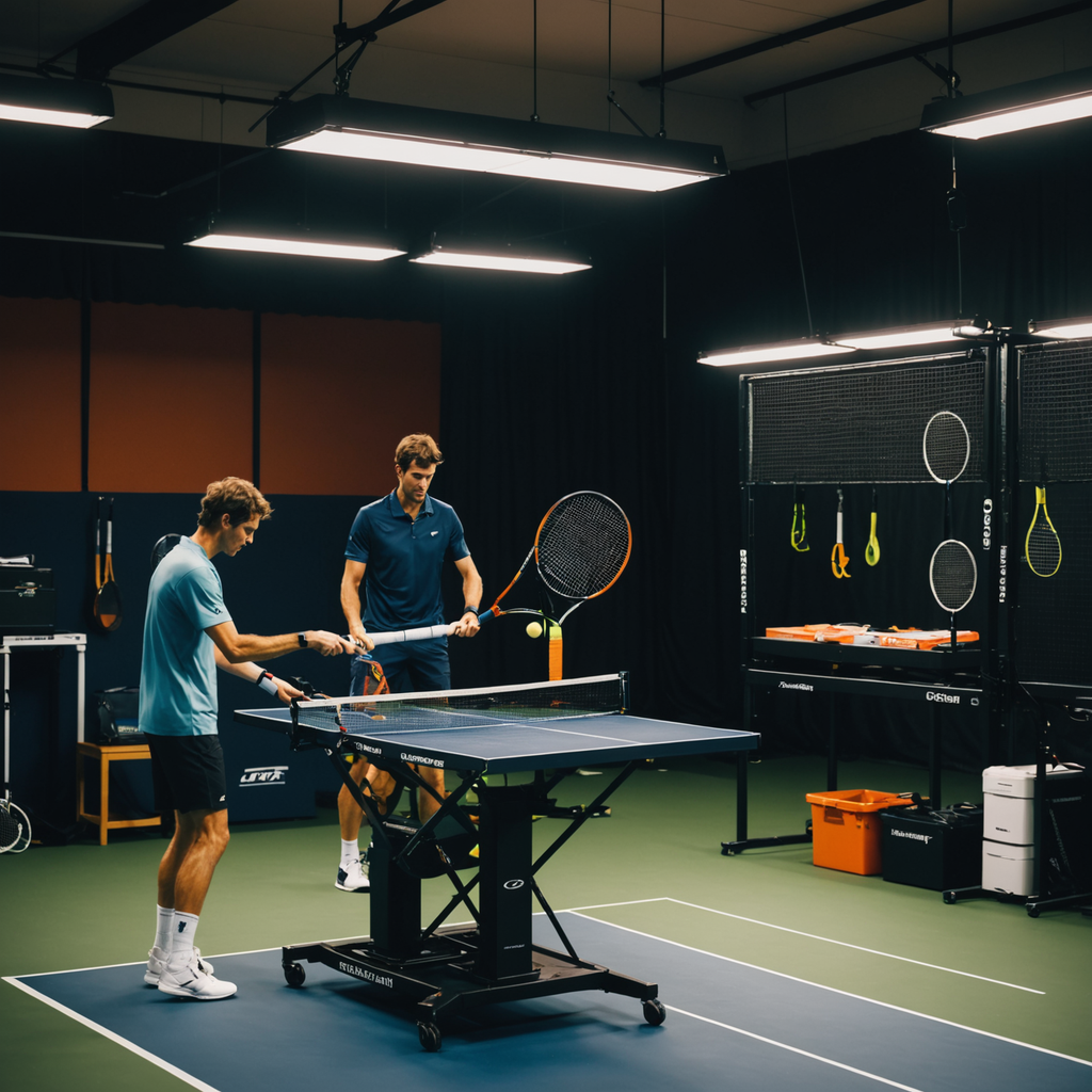 Photorealistic indoor stringing room scene at a professional tennis tournament, a stringing machine clamped…