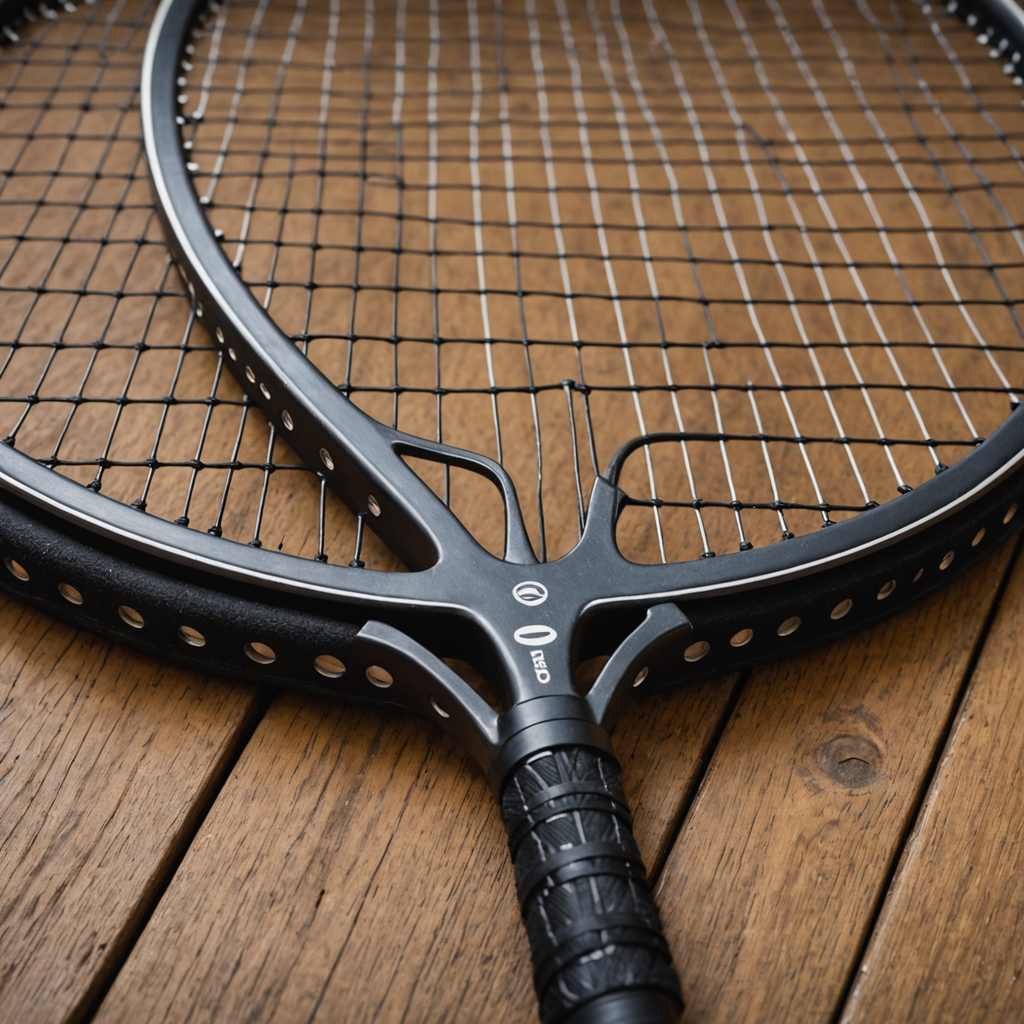 Close-up macro photograph of a black tennis racquet with a matte Head Gravity-style cosmetic…