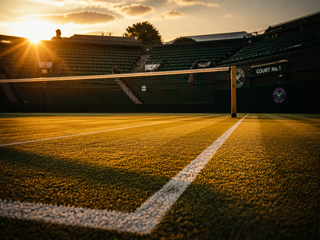 A dramatic low-angle photograph of an empty championship tennis court at golden hour, shot…
