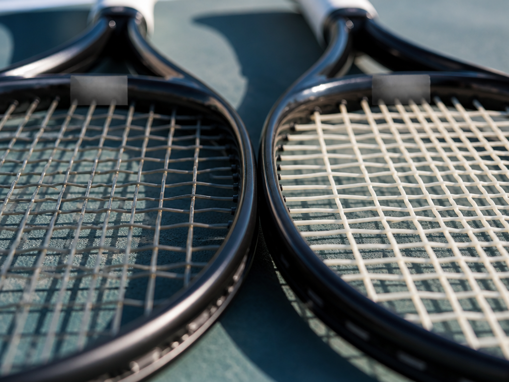 Extreme close-up macro photograph of two nearly identical tennis racquets lying side by side…