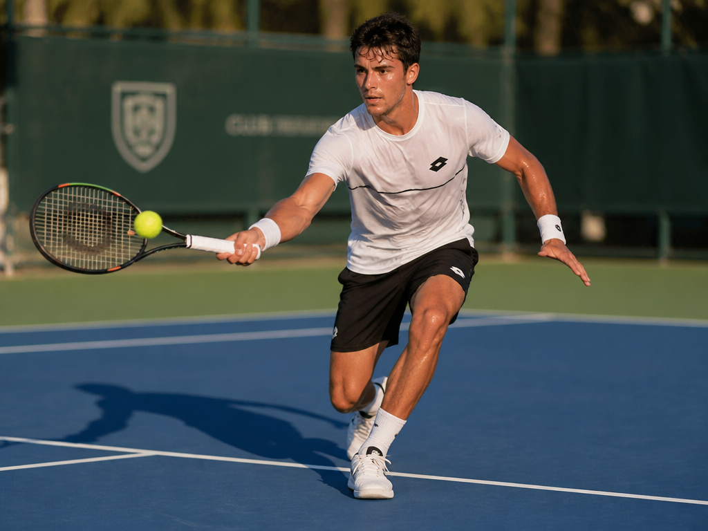 A male club tennis player captured mid-stride moving forward inside the service line on…