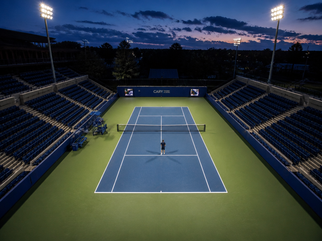 A wide overhead view of a single tennis court at dusk, the white boundary…