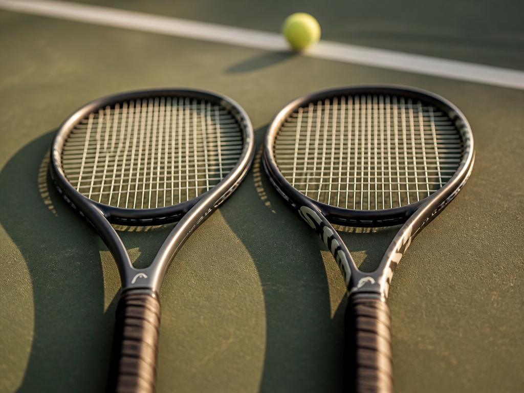 A photorealistic close-up of two nearly identical mid-sized tennis racquets resting side by side…
