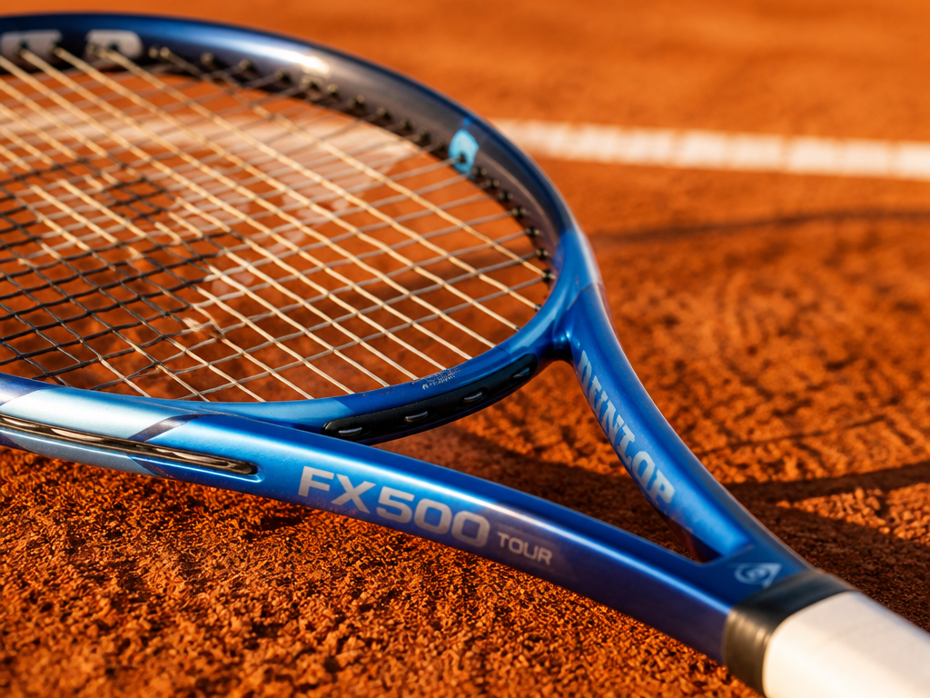 A close-up product photograph of a modern blue tennis racquet resting on the clay…