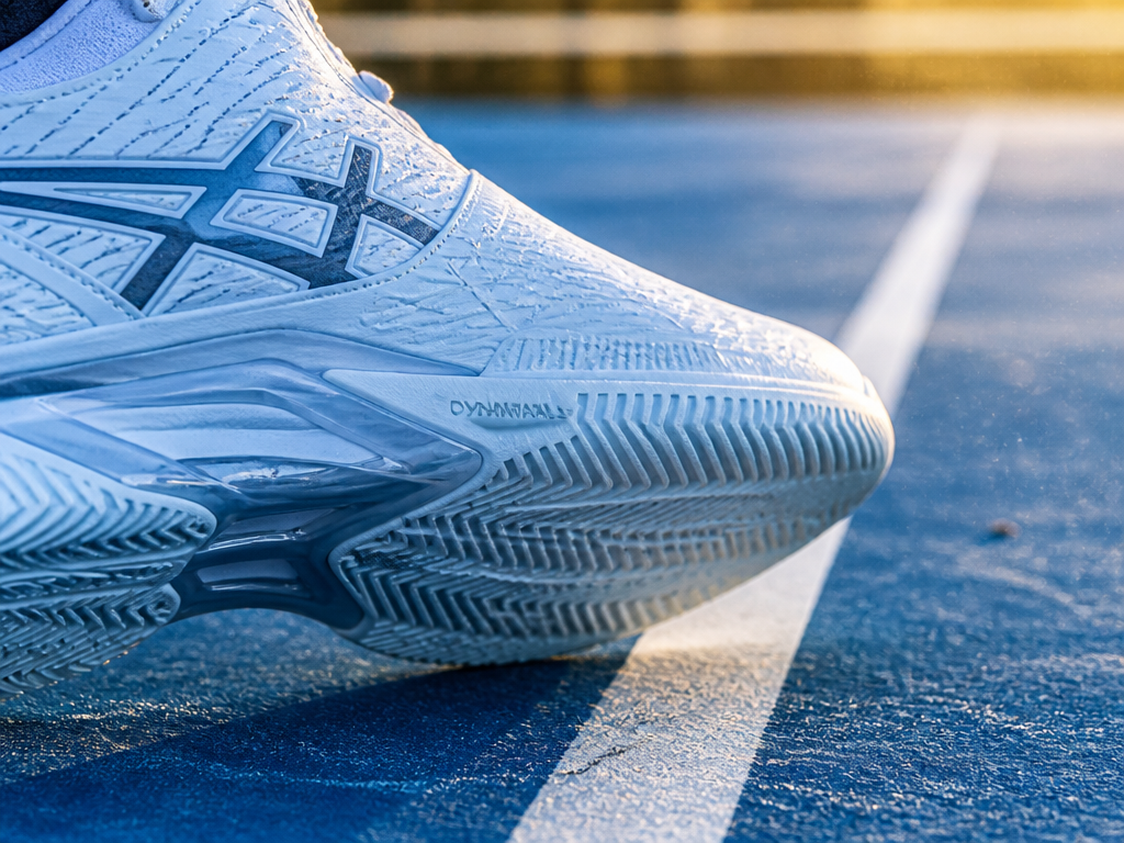 Extreme close-up product shot of a single high-cut court tennis shoe positioned at the…