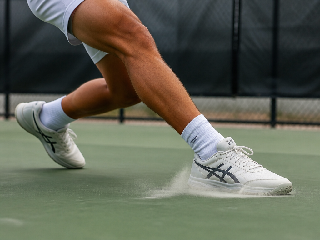 Low-angle action photograph of a tennis player's lower legs and shoes mid lateral cut…