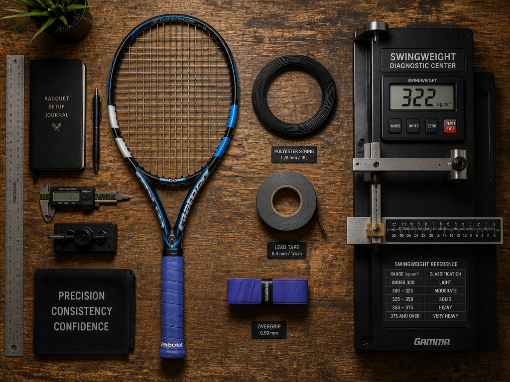 Overhead flat-lay photograph of a tennis racquet workshop bench arranged with meticulous order: a…