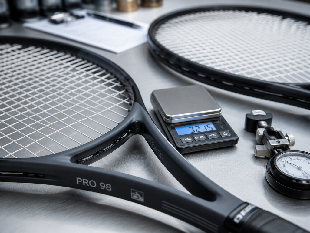 Close-up macro photograph of two nearly identical tennis racquets lying side by side on…