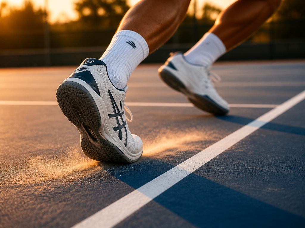 A low-angle action shot on an outdoor acrylic hard court at golden hour, focused…