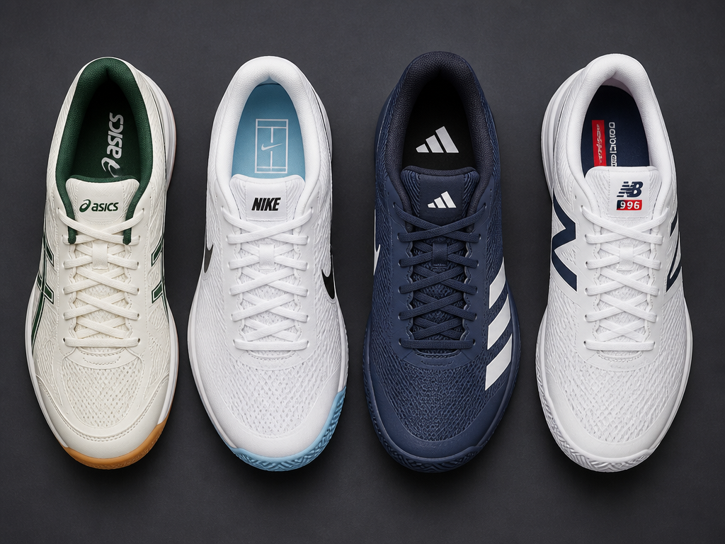 A flat-lay studio still life of four tennis shoes arranged in a neat row…
