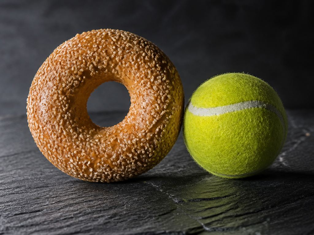 A photorealistic studio still-life on a dark slate surface, a single golden sesame bagel…