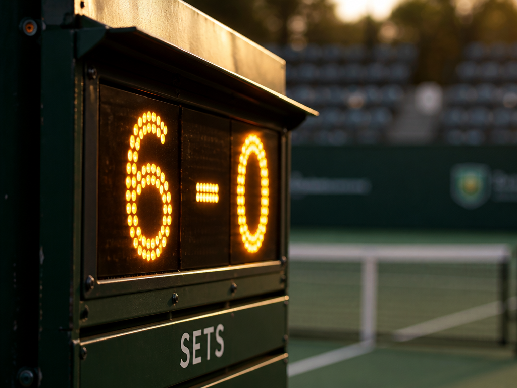 A close-up photorealistic shot of an empty tennis court scoreboard at golden hour, the…