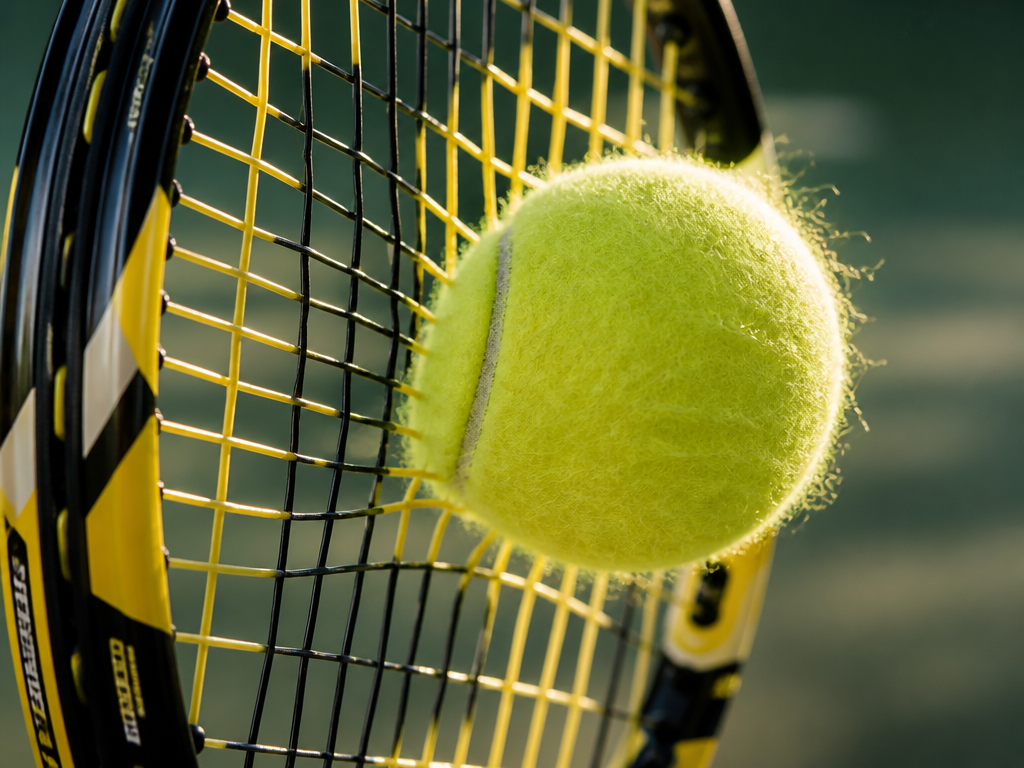 Extreme close-up macro photograph of a yellow tennis ball compressing against the open string…