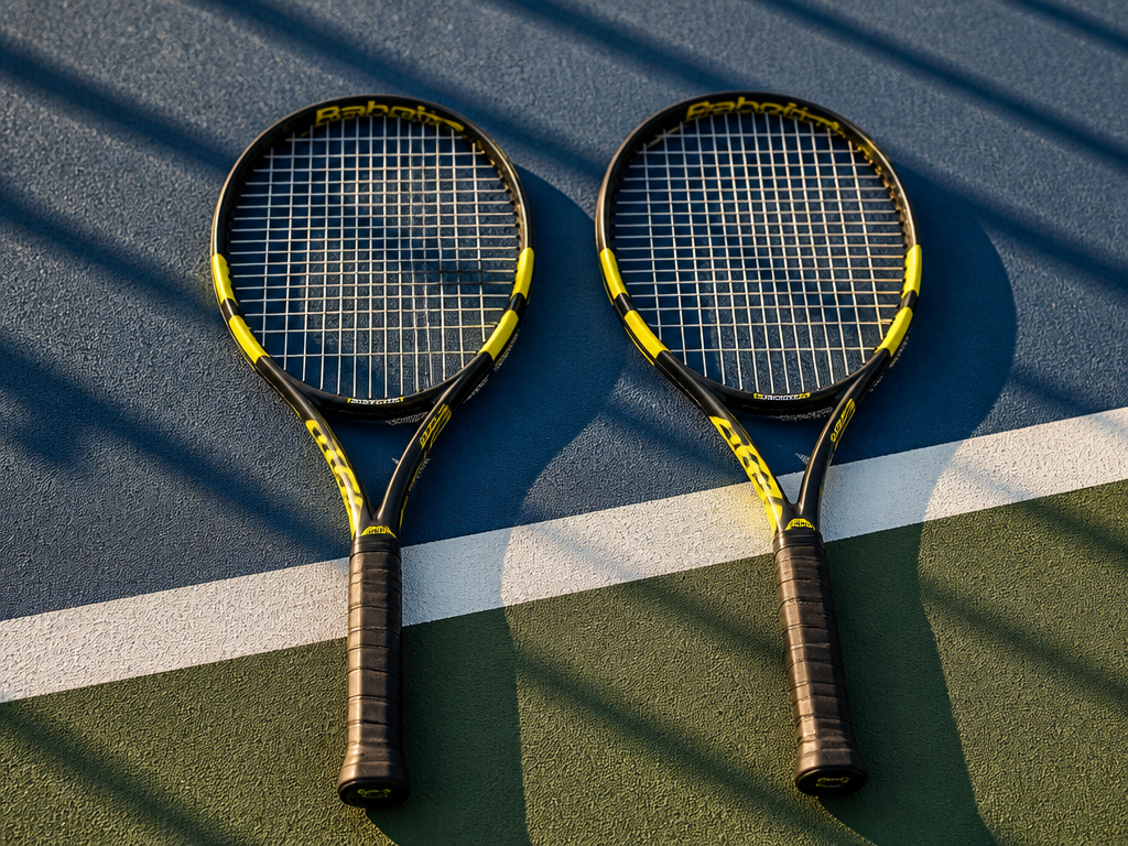 Two near-identical black-and-yellow tennis racquets laid side by side on the painted blue baseline…