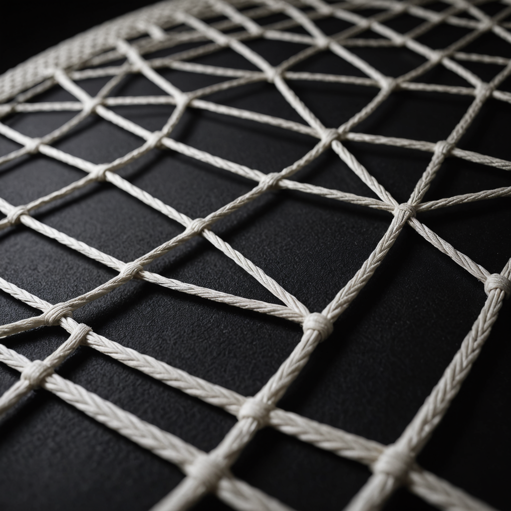 Extreme close-up macro photograph of a tennis racquet's string bed laid flat on a…
