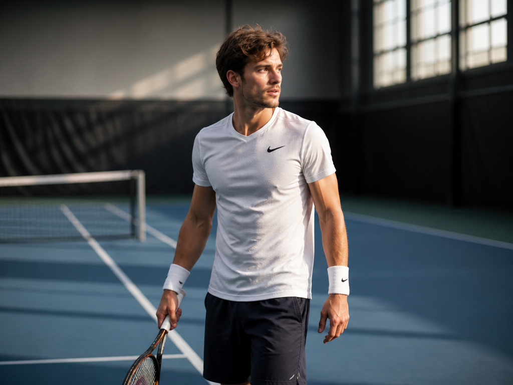 A mid-shot of a tennis player on an empty indoor hard court paused at…