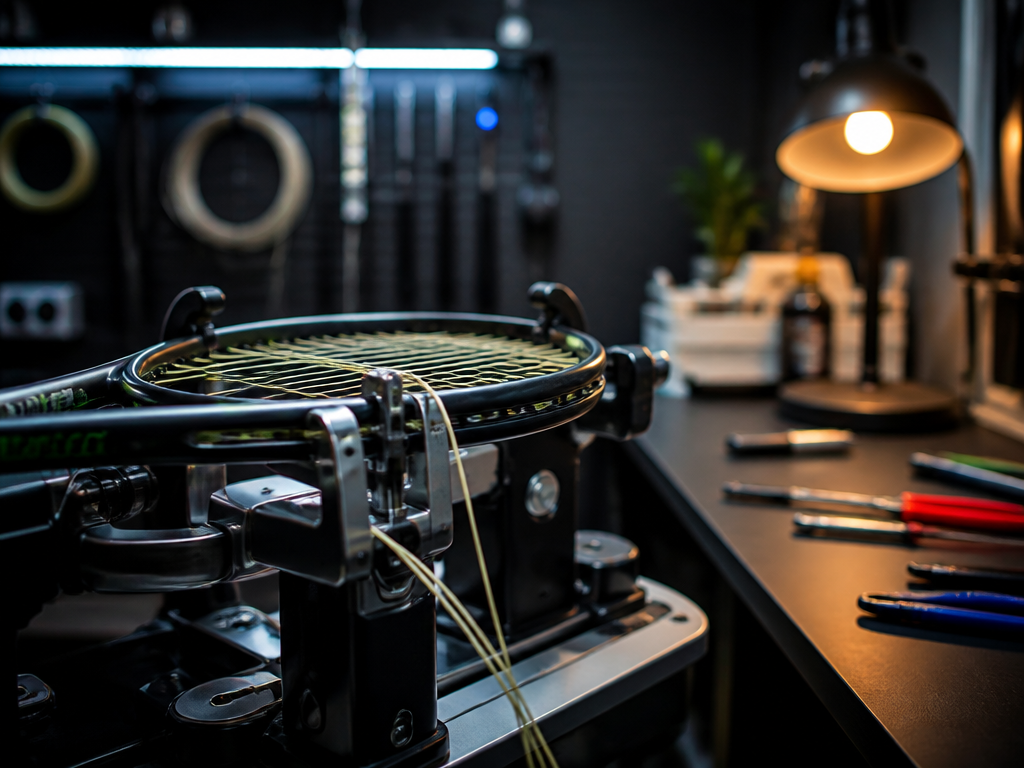 A professional tennis racquet clamped into a constant-pull stringing machine inside a quiet workshop…