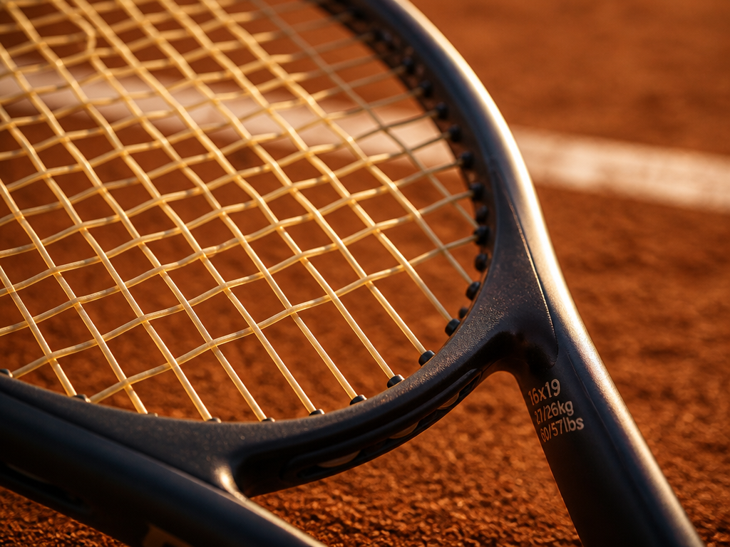 A close-up macro photograph of a player's tennis racquet resting on a clay court…