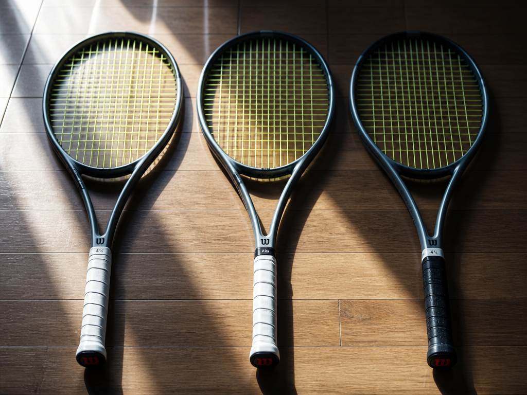 Three nearly identical tennis racquets laid out side by side on a polished hardwood…