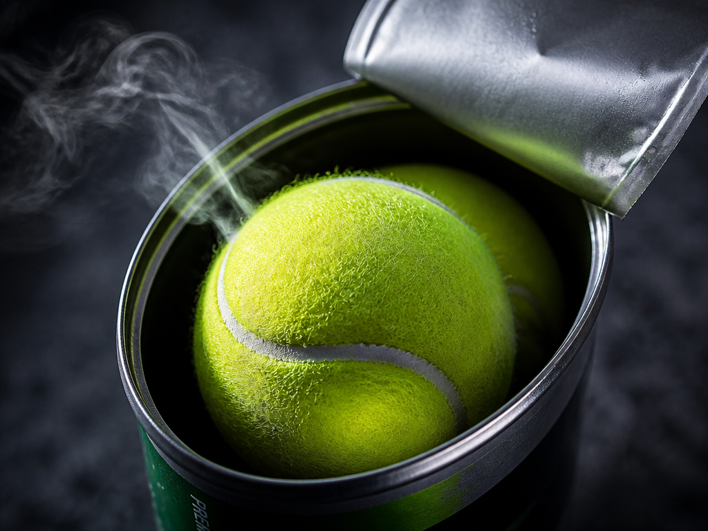 Extreme close-up macro photograph of a freshly opened cylindrical tennis ball can on a…