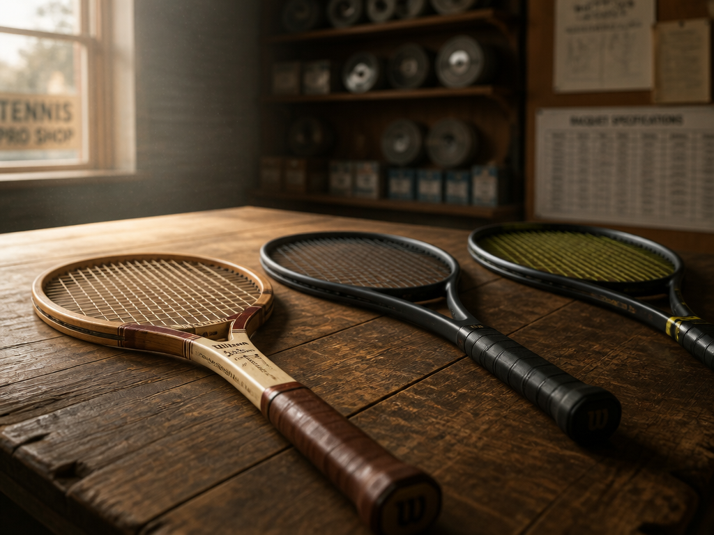 A still-life photograph on a weathered wooden table inside a quiet, vintage tennis pro…
