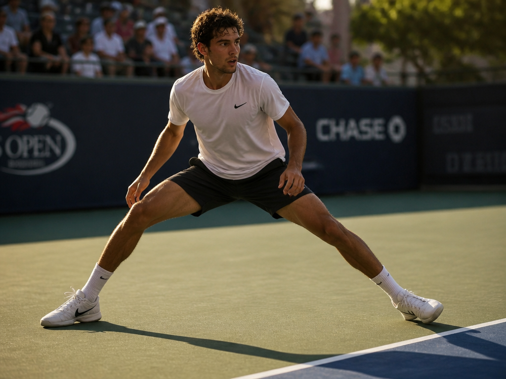 A lone tennis player frozen mid lateral split-step on a sunlit hard court, both…