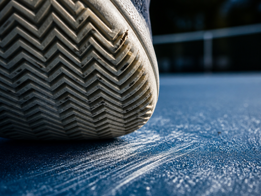 Extreme close-up of a tennis shoe's herringbone rubber outsole pressed against a worn acrylic…