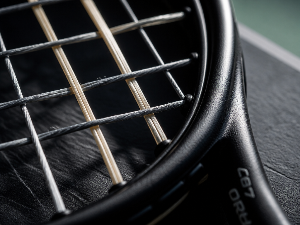 A tightly composed macro photograph of a tennis racquet stringbed resting on a dark…
