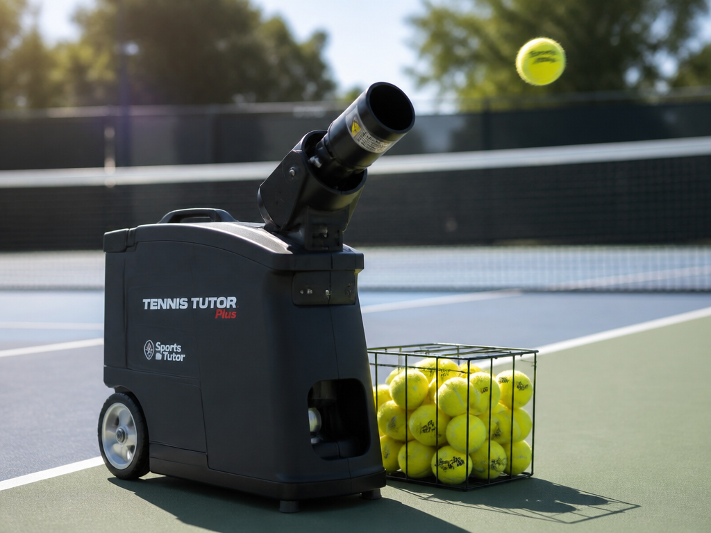 A photorealistic close-up of a tennis ball machine on a sunlit court, its barrel…