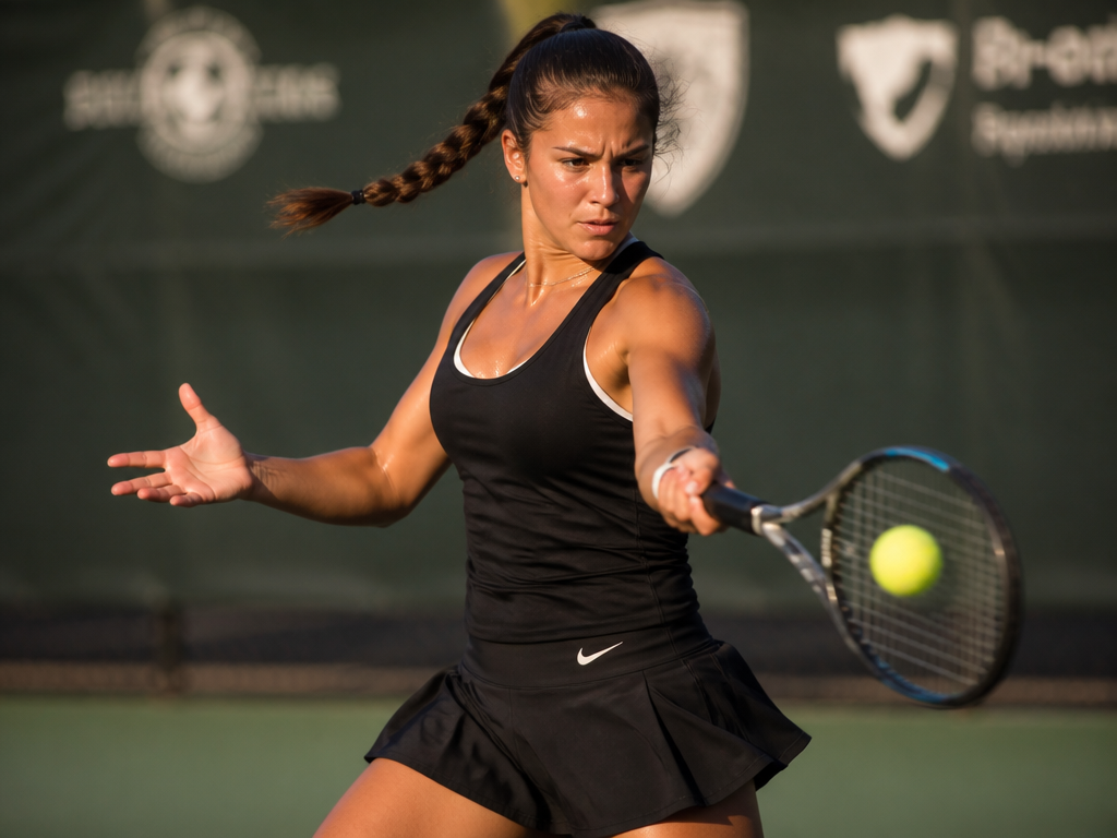 A photorealistic action shot of a young female tennis player mid-forehand on an outdoor…