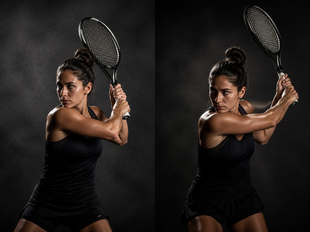 A photorealistic split-mood studio-style portrait of a female tennis player demonstrating two backswing positions…