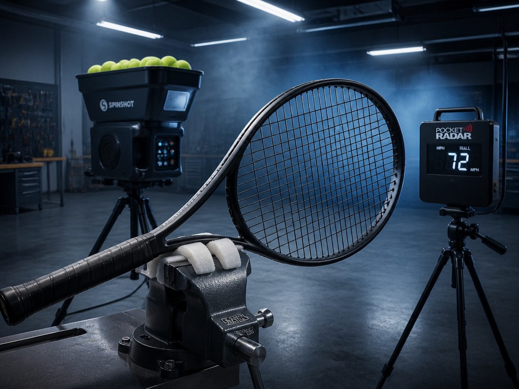 A clean equipment-lab test rig photographed in a dim workshop: a black tennis racquet…