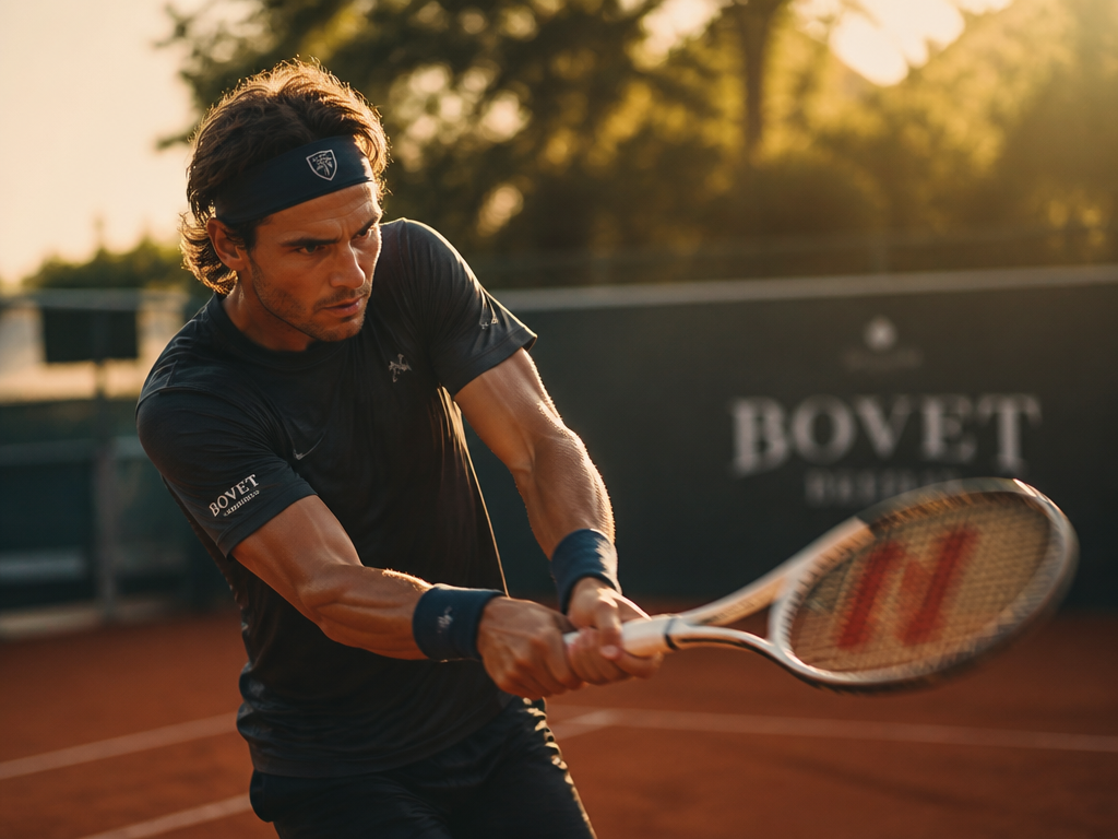 A photorealistic action shot of a tennis player mid-swing on an outdoor court at…